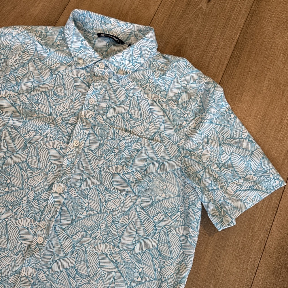 Cutter & Buck Shirt Mens Aqua Blue Leaves Printed Hawaiian Button SS Stretch
